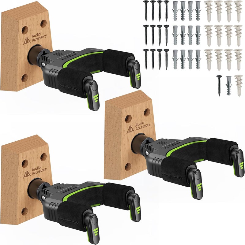 AA AUDIO ACCESSORY Guitar Wall Mount Autolock 3-Pack - Nitro-Safe Velvet Hook, Never Fall Off Design 4-Screw Beech Wood Guitar Wall Hangers for Bass, Acoustic, Classical, Folk Guitar and Mandolin - Image 1
